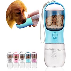 Dog Water Bottle, Portable Pet Water Bottle with Food Container, Outdoor Portable Water Dispenser for Cat, Puppy, Pets for Walking, Hiking, Travel, Puppy Essentials, Dog Stuff(10oz) (Blue)