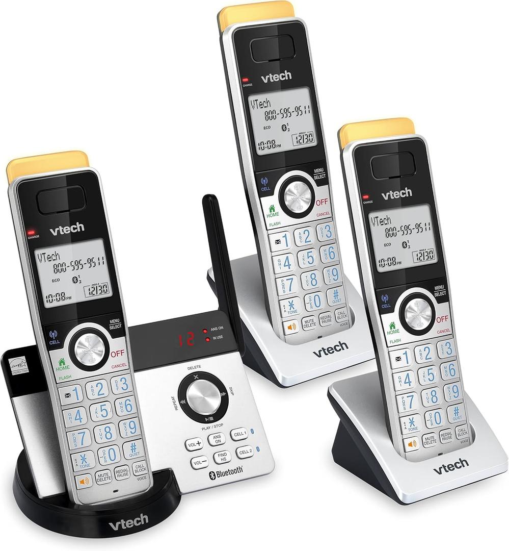 VTech IS8121-3 Long Range Cordless Phone 2300 Ft, Bluetooth Cell Connect, 3 Handsets, Answering Machine, Smart Call Blocker, Expandable - DECT 6.0 (Silver/Black)