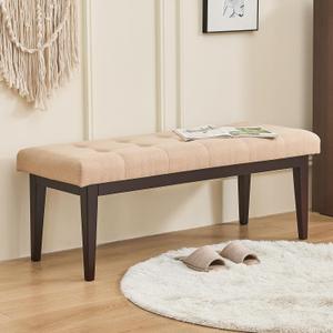 End of Bed Bench, 47.2" Linen Button-Tufted Upholstered Rubberwood Bench for Bedroom with Padded Cushion, Modern Shoe Bench Bedroom Bench for Living Room Entryway Dining Room Hallway, 300 LB, Beige