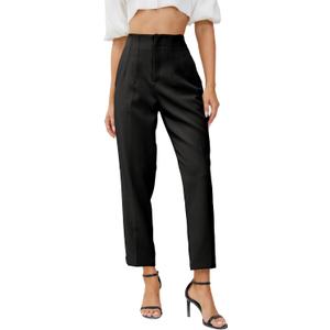 Women's High Waisted Business Trousers Straight Leg Pleated Office Slacks Pants (Medium, Black)