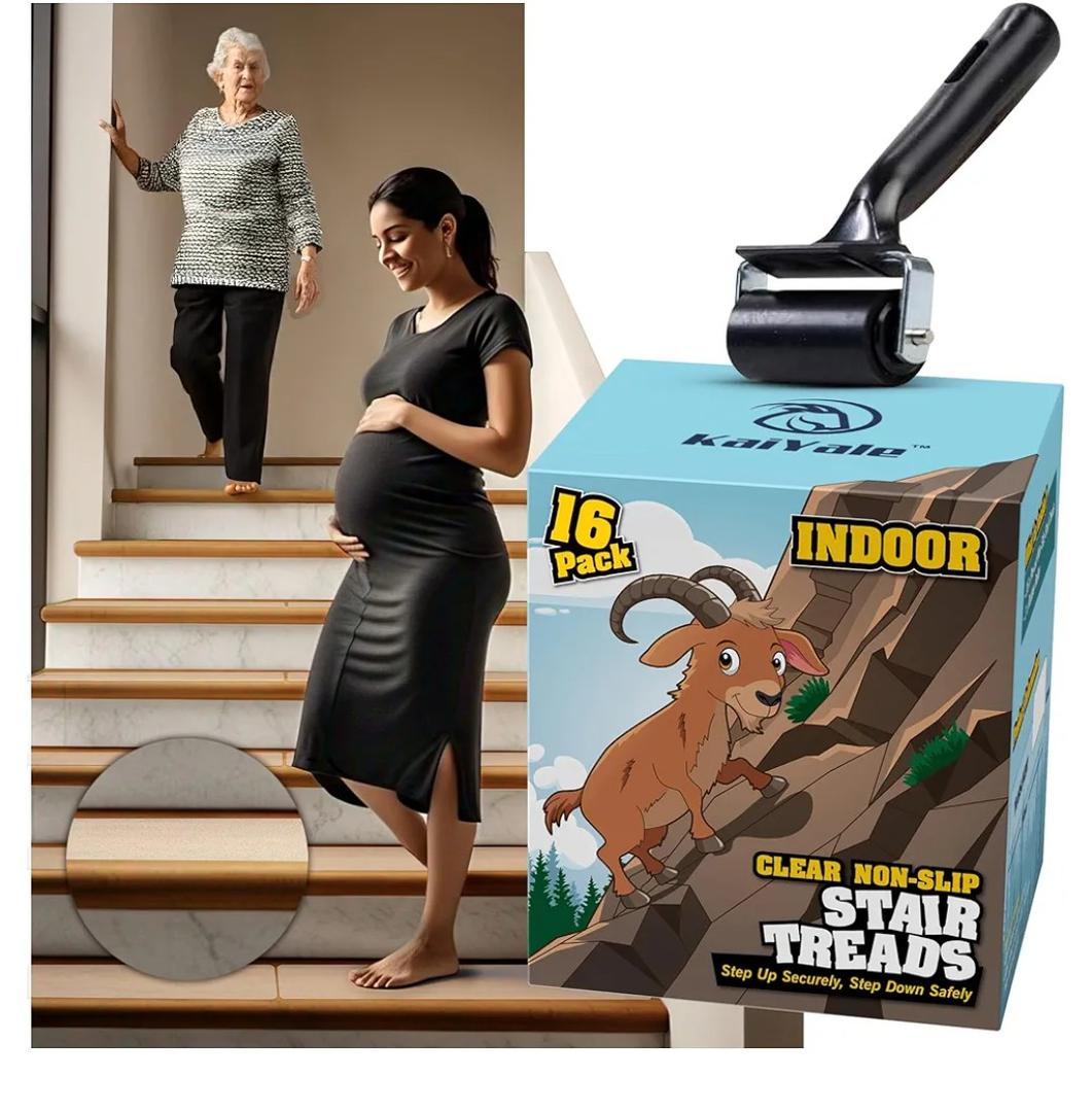 16 Pack Clear Stair Treads for Wooden Steps Indoor - 24"x4" Non Slip Stair Treads. Self Adhesive, Safe Anti Slip Tape for Kids, Seniors & Pets. Staircase Step Tread Includes Rubber Roller