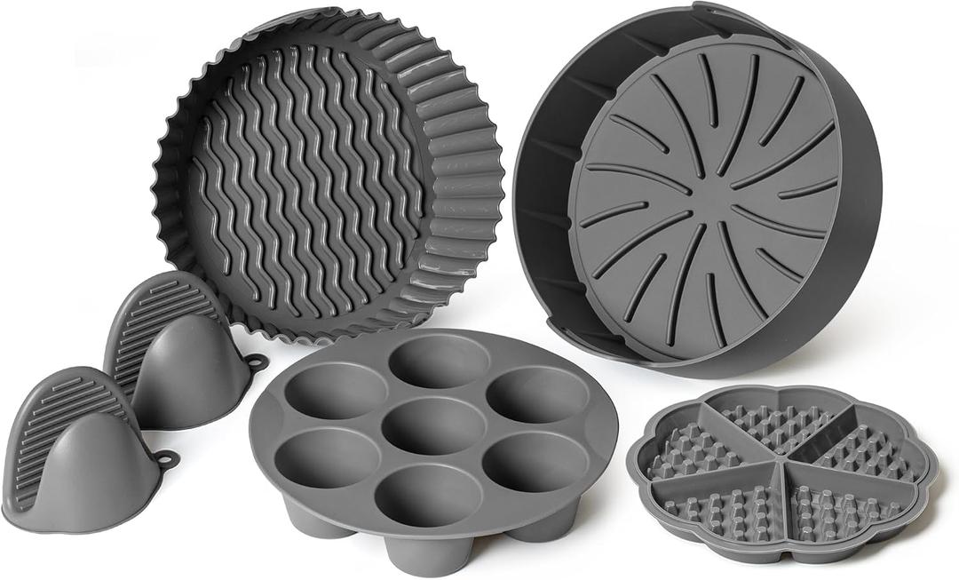 EM Set of 5 Silicone Air Fryer Liners with Egg Bite Mold, Waffle Mold & Mitts - 8.7 Round Reusable Silicone Inserts for 5-7 Qt Airfryers - Easy to Clean & Heat-Resistant Air Fryer Accessories Set