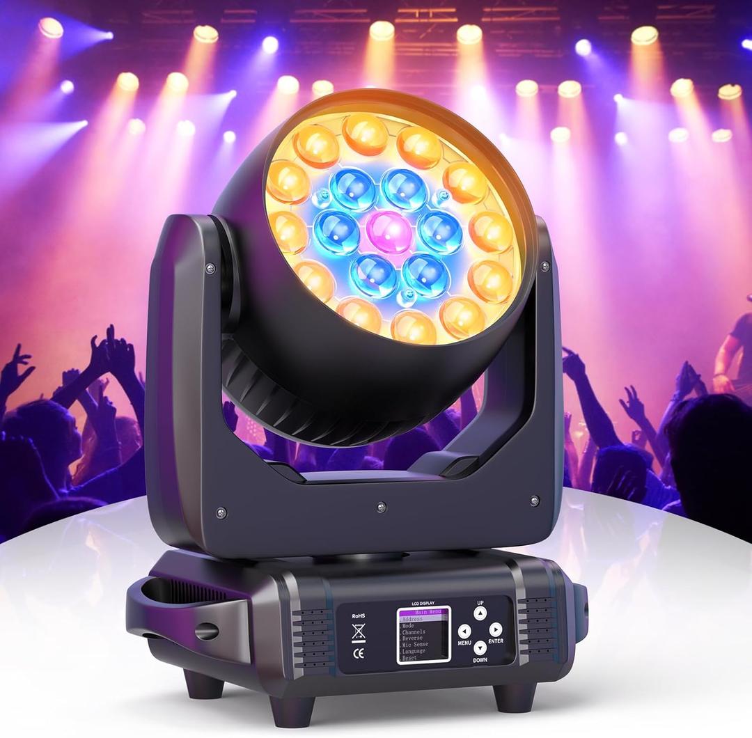 HOLDLAMP Moving Head Lights 19x15W RGBW 4-in-1 LED Stage Light with Zoom Beam Wash Effect by Sound Activated Auto DMX Control for Wedding DJ Disco Parties Nightclub Show Bar (1 Pack)