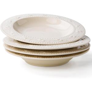 Soup Bowls, 10oz Ceramic Wide Rimmed Soup Plate, Pasta Bowls Set of 4, Salad Bowl with Embossed Strawberry Pattern, Serving Bowls Kitchen Dinner, Microwave and Dishwasher Safe, Christmas Gift