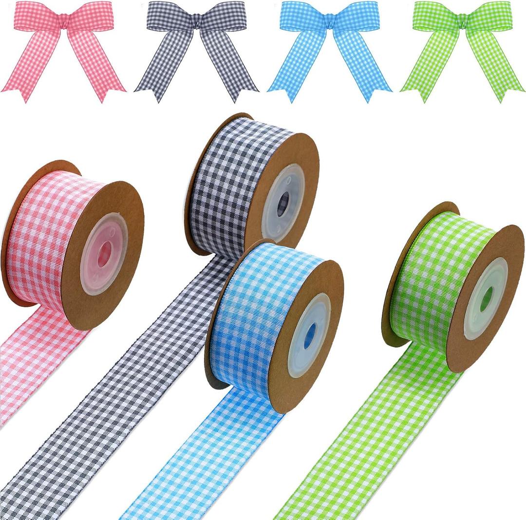 Chuangdi 4 Rolls Easter Wired Ribbons Gingham Plaid Buffalo Check Edge Ribbon Spring Polyester Decoration for Easter DIY Crafts Holiday Party Home Decor, 1 Inch, 22 Yards