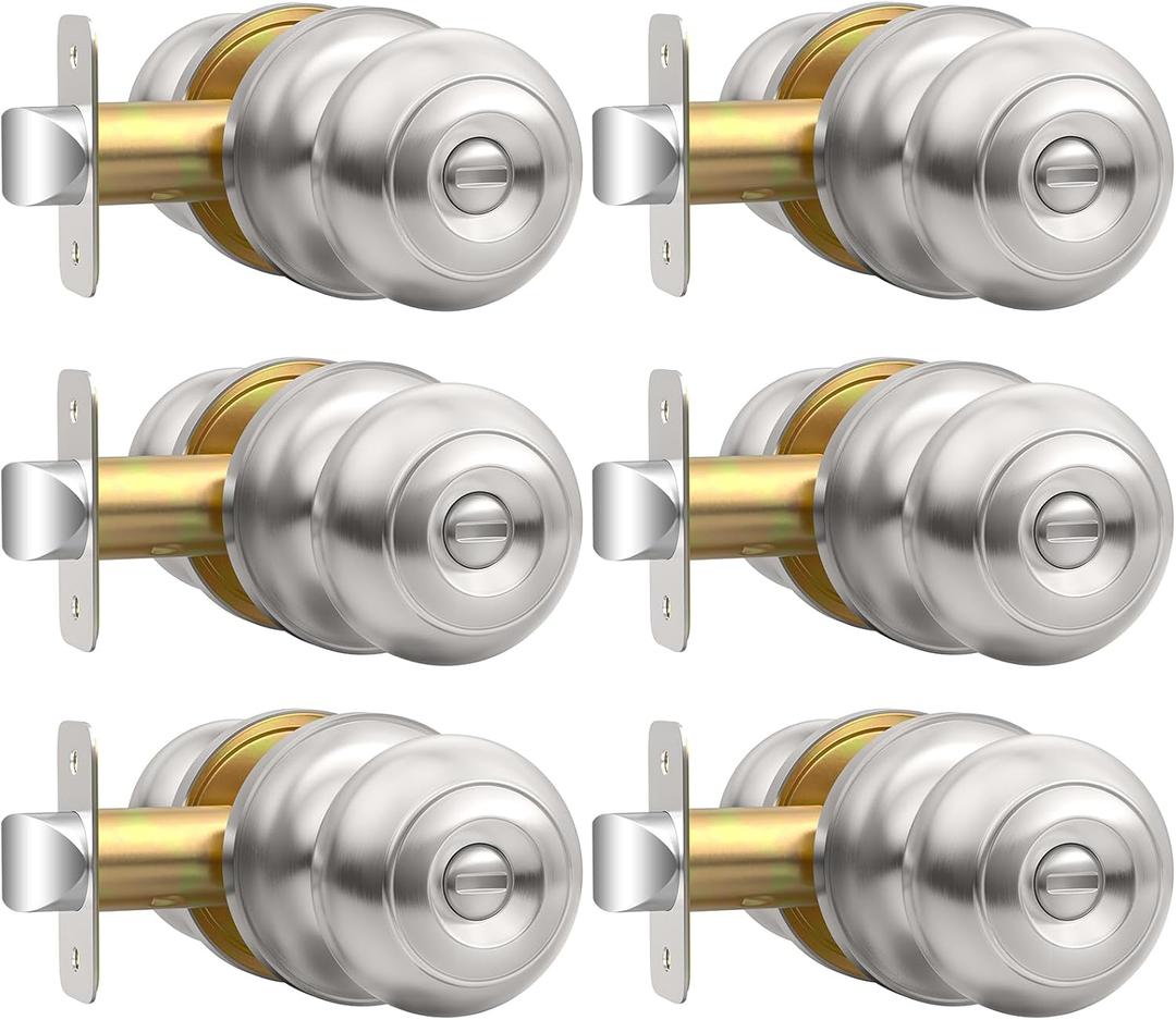Privacy Door Knob, Brushed Nickel Door Knobs Interior Keyless Locks Set(6 Pack), Bedroom Bathroom Door Knob with Lock, Reversible for Left/Right Door Handle