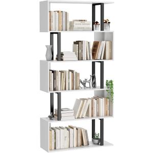 Gadroad 5 Tier Geometric Bookcase,S Shaped Bookshelf, Wood Decorative Storage Shelving, Modern Freestanding Display Shelves, Tall Book Shelf Unit for Living Room Bedroom, White, 27.56"W x 62"H