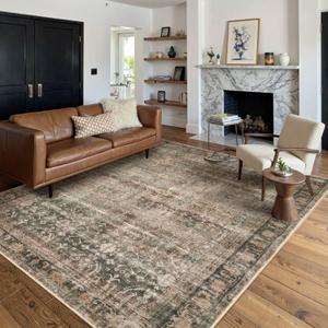 Rugxara Brown 5x7 Area Rugs for Living Room Bedroom, Large Washable Rug, Vintage Retro Boho Rug, Non Slip & Low Pile Faux Wool Thin Carpet for Indoor Dining Room and Kids Room(Charcoal/Olive 5x7ft)