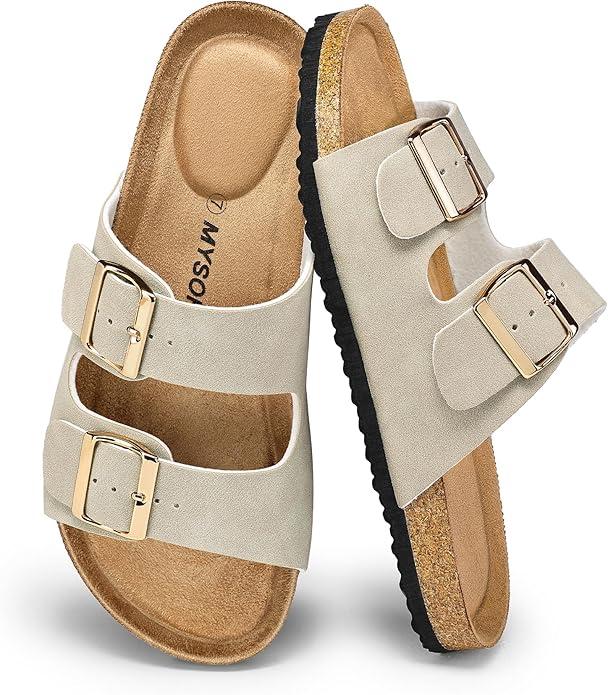 Womens Flat Sandals Cork Footbed Slides 2 Straps Adjustable Buckle Slip On Summer with +Comfort Shoes, Size 5
