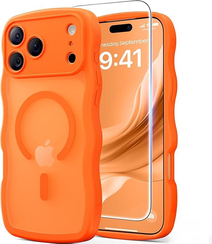 3 in 1 Magnetic for iPhone 17 Pro Max Case, Cute Wavy [Full Camera Protection][Fit for MagSafe] 1X Screen Protector+1X Wrist Strap, AntiSlip Trendy Women Girly Case for iPhone 17 Pro Max 6.9", Orange