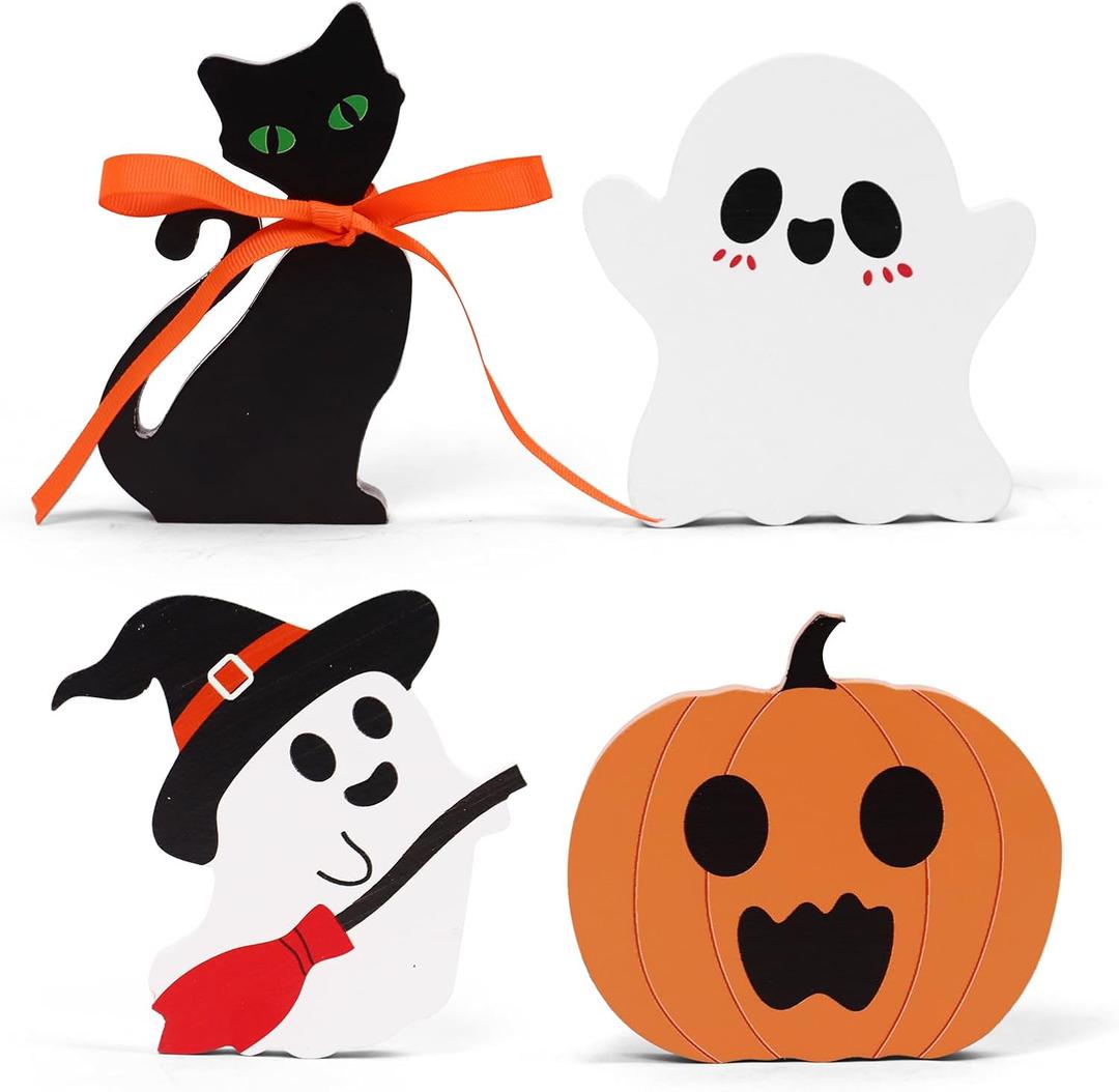 himmel Cute Halloween Decorations Indoor, 4PCS Ghost Wooden Signs Pumpkin Cat Blocks for Tiered Tray Decor, Halloween Decor for Office Home Party Shelf Display Apartment