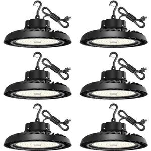 UFO LED High Bay Light 200W 6 Pack, High Bay LED Light 30,000LM (150LM/W) 1-10V Dimmable, 5' Cable with Plug, Hanging Hook, Safe Rope, ETL Listed High Bay Light for Factory Warehouse Workshop