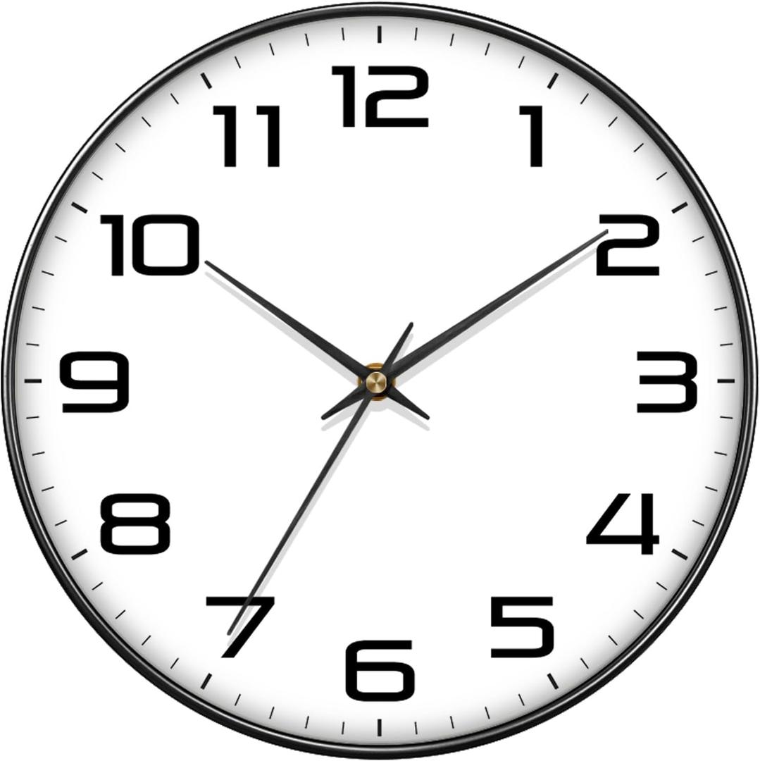 8 Inch Modern Wall Clocks Battery Operated - Silent Non Ticking Quartz Analog Clock with Large Numbers, Easy to Read Digital Wall Clock for Bedroom, Living Room, Kitchen, Office, Gym, Black