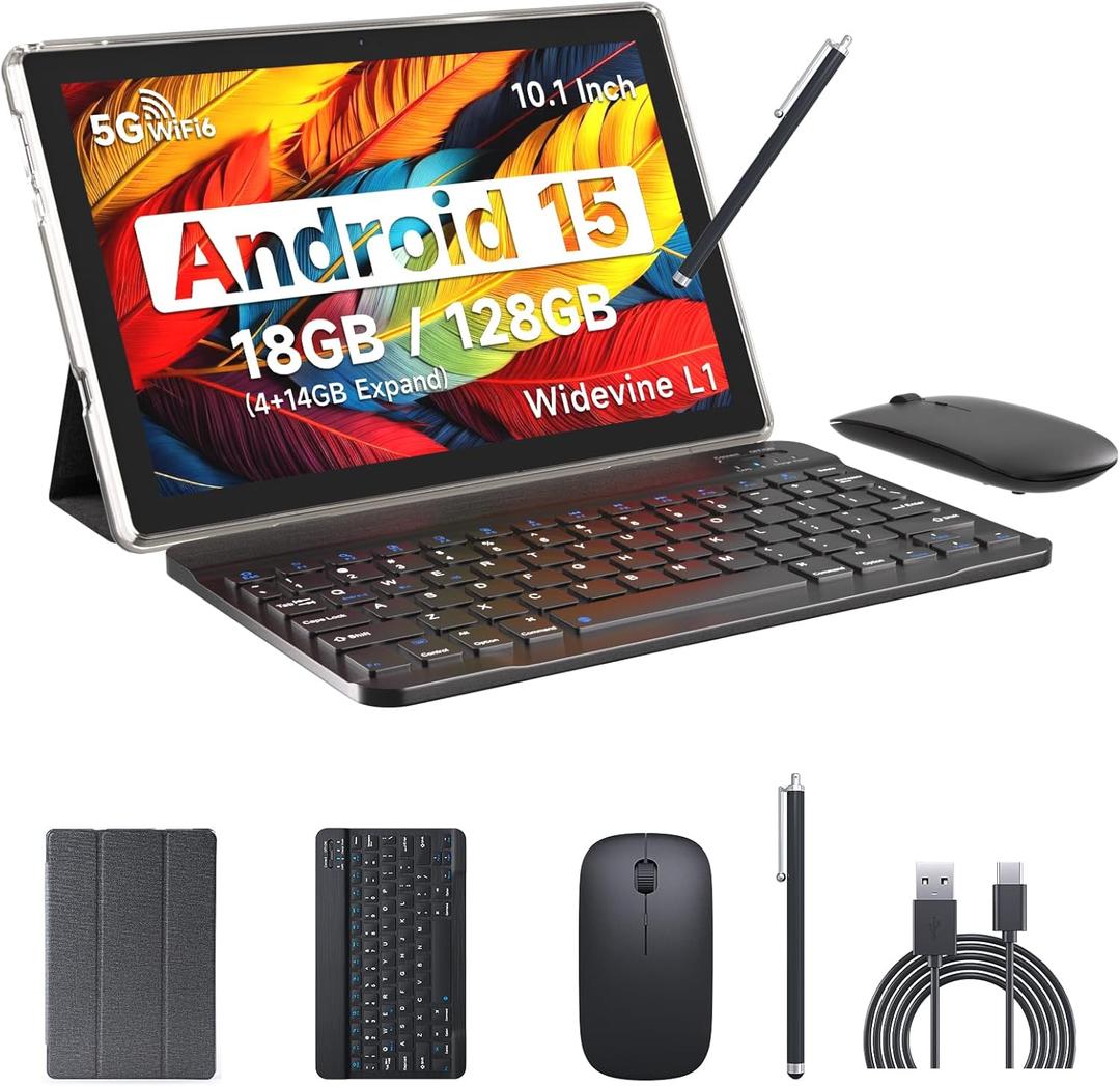 Android 15 Tablet, 10 Inch 18GB RAM+128GB ROM/2TB Expandable Tablet PC, Quad-core 2.0GHz Processor, 1280*800 10" HD Touch Screen, 2.4G/5G WiFi 6 BT 5.0, 2 in 1 Tablets with Keyboard Case Mouse Stylus (Black)