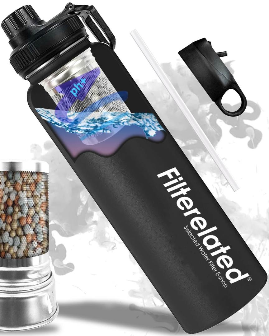 Filterelated 30oz Stainless Steel Portable Alkaline Filter Water Bottle, Creates Up to 9+ Ph of Quality Water, Sports Travel Water Bottle, Removes Water Impurities (Black)