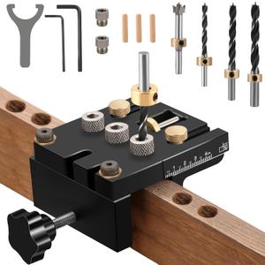 Idong 3-in-1 Dowel Jig Kit, Self Centering Doweling Jig for Straight Holes, Extra Wide Clamp Max 60mm, Dowel Drill Guide Locator with 6/8/10/15mm Bits, Adjustable Woodworking Joints Tool for Carpentry