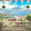 AOFOTO 8x6ft Retro Garden Terrace Backdrop Beautiful Balcony Scenery Photography Background Vintage Archway Landscape Girl Bride Portrait Seascape Romantic Wedding Photo Studio Props Vinyl Wallpaper