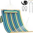 Lazy Daze Hammocks 10.5FT 2 Person Double Quilted Fabric Hammock with Spreader Bar, Detachable Pillow, Side Pocket, Carabiners, Chains, Straps for Outdoor, 450lbs Capacity, Beach Stripes