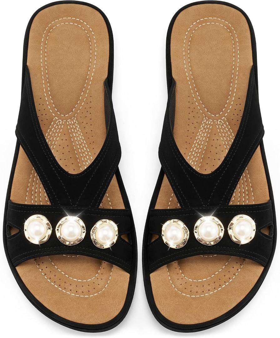 Ecetana Womens Flat Sandals 2026: Dressy Comfortable Walking Slides Casual Slip on Summer Sandals for Indoor & Outdoor