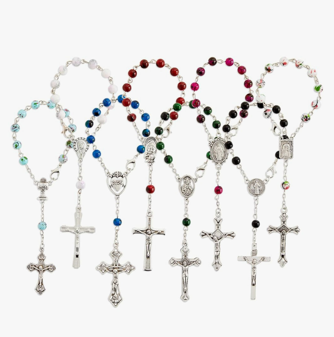 Juvale 24 Pack Small Catholic Rosary Bracelet for Women and Men - Prayer Beads for Baptism Christening, Prayer Room, Altar, (8 Colors & Crucifix Designs) - Rosary Beads Bracelet