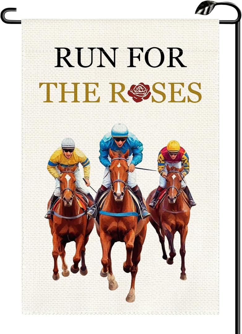Horse Racing Run for The Roses Jockey Garden Flag 12x18 Inch Vertical Double Sided Festival Small Flags Farmhouse Outside Decoration For Yard Sign(ONLY FLAG) SM02