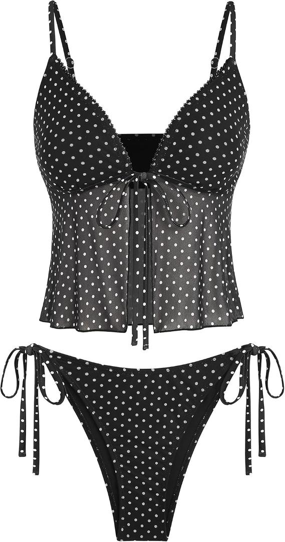 ZAFUL Tankini Swimsuits for Women Lace Trim Tie Front Textured High Cut Tanga Tankini Set, Small