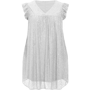 Beautife Women's Sequin Plus Size Mini Dress Ruffle Short Sleeve V Neck Babydoll A Line Glitter Club Party Dresses (White)