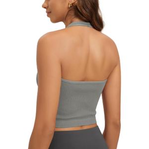 ODODOS Seamless Halter Crop Tops for Women Ribbed Soft V Neck Open Back Cropped Tank Top, 1-Pack, Gray, Medium-Large (Gray)