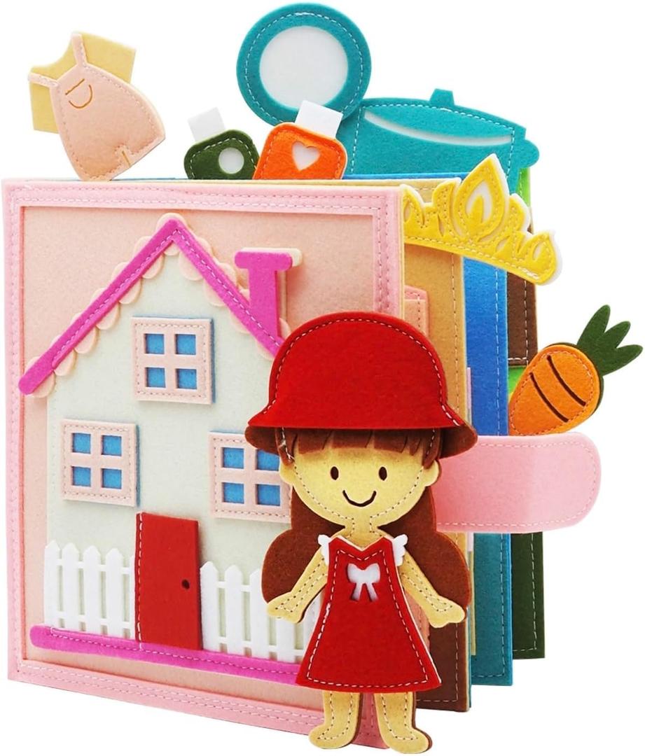 Kikiyaki Felt Busy Book for Toddlers 1-3, Montessori Busy Board for 1 Year Old, Quiet Book Airplane Travel Toys, Sensory Early Learning Educational Toy, Road Trip Activity Books, Girls Birthday Gifts