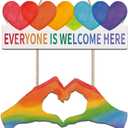 CHDITB Classroom Decor Everyone is Welcome Here Wall Hanging, Rainbow Heart Wooden Teacher Door Sign with Inspirational Quotes, Colorful Hand Heart Door Hanger for Classroom Kindergarten Daycare (10"x11")