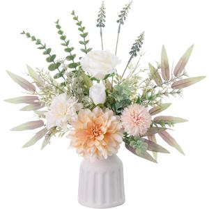Fake Flowers in Vase, Artificial Flowers with Vase, 15.7'' Floral Arrangements for Dining Table Centerpiece Decor, Silk Roses & Faux Dahlia Bouquet for Farmfouse Kitchen Coffee Table Decor (Champagne)