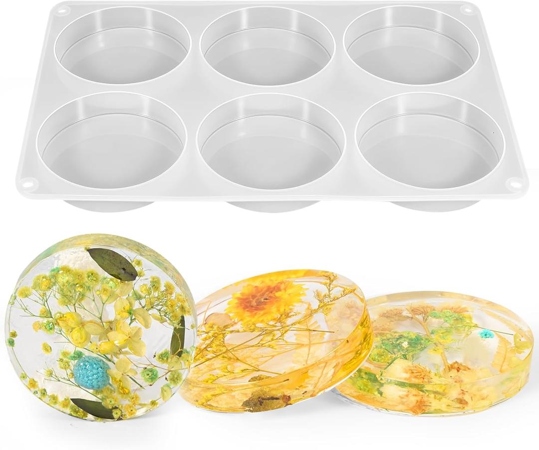 6 Cavity Deep Round Coaster Mold, Thicken Resin Casting Coasters Molds, for Epoxy Resin, for Flower Bouquet Preservation, Decorations, DIY Crafts