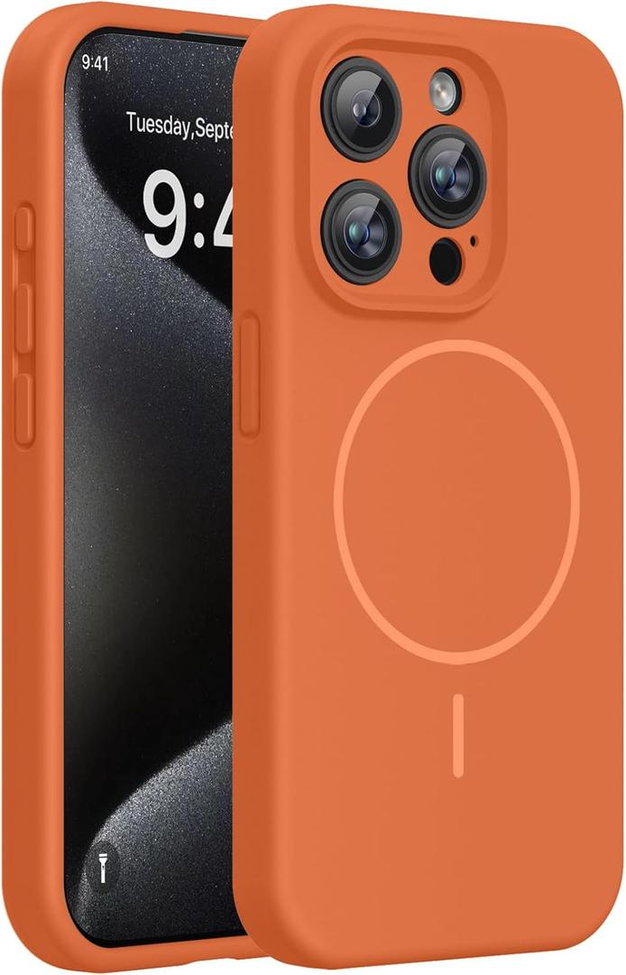 Miracase Magnetic for iPhone 15 Pro Case, [Soft Anti-Scratch Microfiber Lining], Compatible with MagSafe, Liquid Silicone Shockproof Drop Protection Phone Case for 15 Pro, Orange