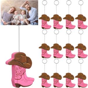 Teenyyou 12 Pcs Cowboy Boots Table Number Holders Wooden Photo Balloon Place Card Holders Cute Cowboy Picture Number Sign Stands for Western Party Birthday Wedding Party Event(Pink)