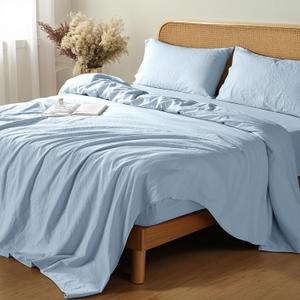 Shilucheng 100% French Linen Sheets - Queen Size Bed Sheets, Breathable & Cooling Pure Linen Sheets,Soft Durable and Tear Resistant -16 Inch Deep Pocket - 4Pcs (Dusty Blue, Queen)