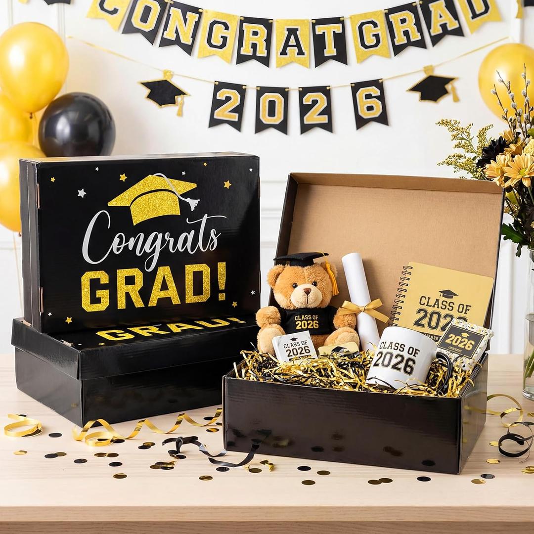 Eersida 6 Pack Graduation Cap Gift Boxes 2026, 14 x 9 x 4 Inch Large Corrugated Keepsake Box Congrats Grad Candy Card Storage High School College Graduation Party Favors Gift for Girls Boy (Black)