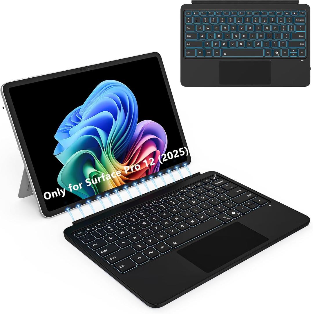 Keyboard for Microsoft Surface Pro 12 inch (2025), Bluetooth Wireless Magnetic Keyboard with Multi-Touch Trackpad, Rechargeable Battery, 7-Color Backlit, Smart Sleep/Wake (Black)