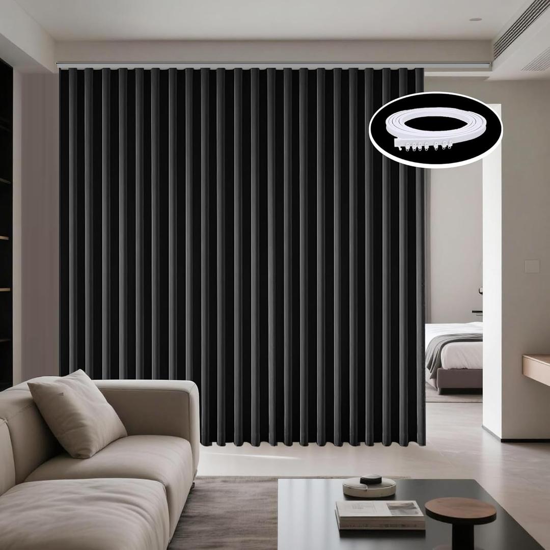 100 inch Wide Room Divider Curtains Flexible Ceiling Track Set Blackout Thermal Insulated Ceiling Mount Drapes with Hooks for Living Room Bedroom Privacy Divider, White Rail 1 Panel W8.3 x 8ft Black