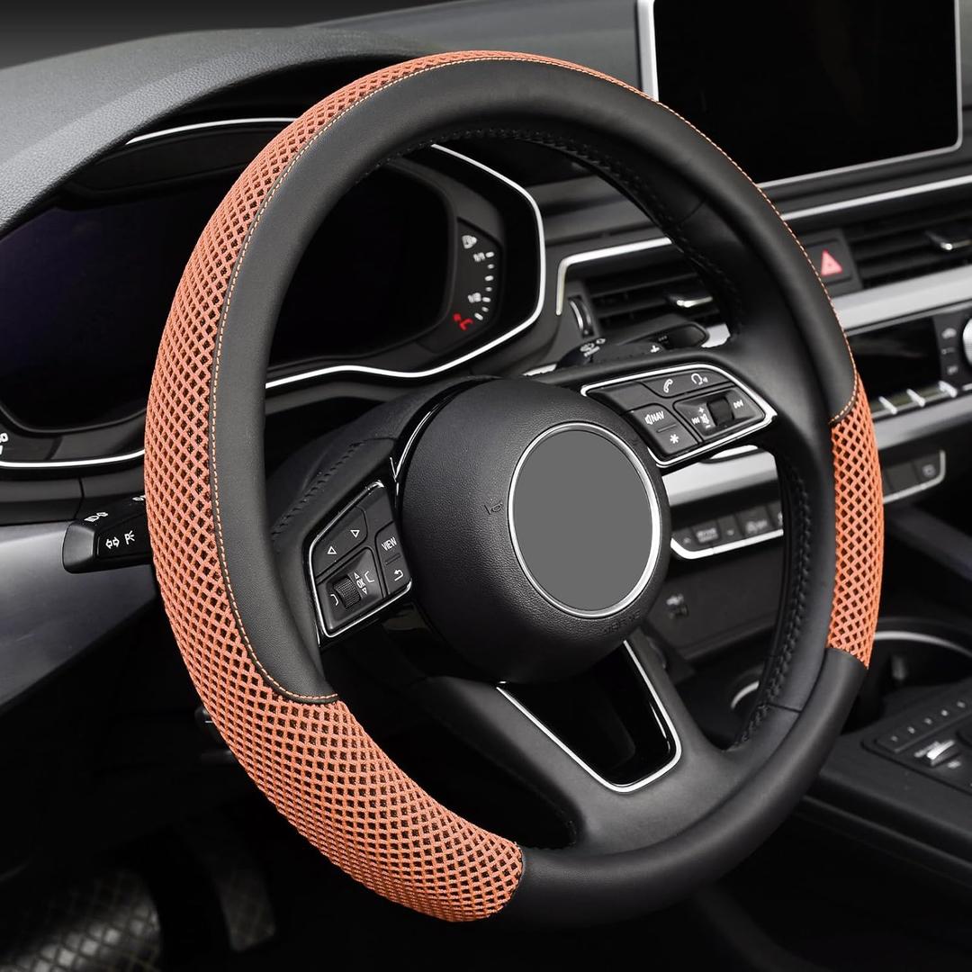 KAFEEK Steering Wheel Cover, Universal 15 inch, Microfiber Leather Viscose, Breathable, Anti-Slip,Warm in Winter and Cool in Summer, Black&Brown