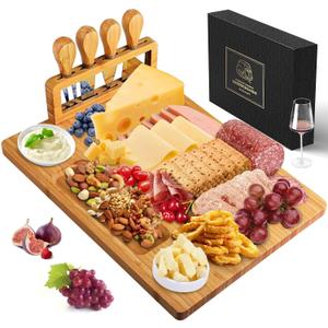 Xergur Bamboo Cheese Board Set - Charcuterie Boards and Serving Meat Platter, Cheese Tray with 4 Stainless Steel Cheese Knives Cutting Board Platter, Ideal for Halloween, Wedding, Christmas Gifts (14" x 11" x 0.6")