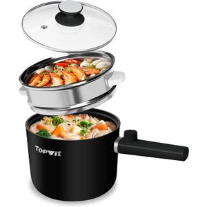 Topwit Hot Pot Electric with Steamer, 1.5L Ramen Cooker, Non-Stick Saut Pan, Portable Cooking Pot, Electric Cooker with Dual Power Control, BPA Free, Over-Heating & Boil Dry Protection, Black (1.6 Quarts)