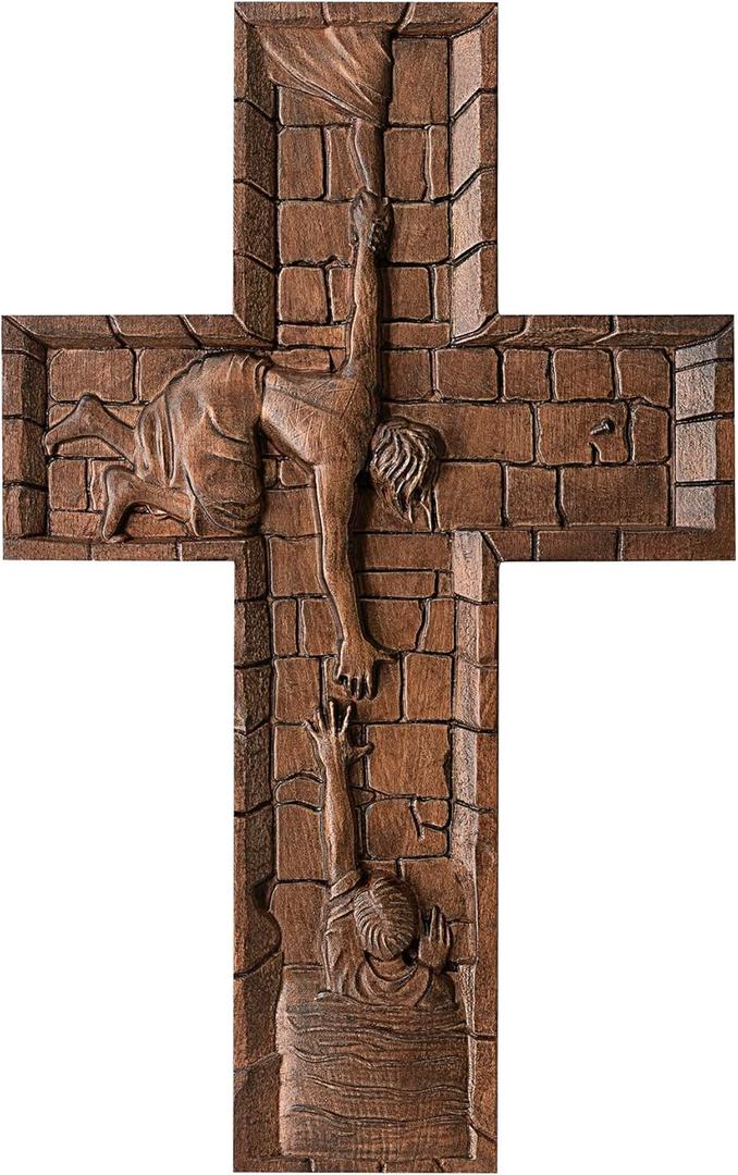 BGCOPPER Crucifix Wall Cross Handmade Wooden Cross with Hook, Christian Wall Art Jesus Wall Cross Gifts for Church Home Room Decor Christmas Cross - 14 Inch