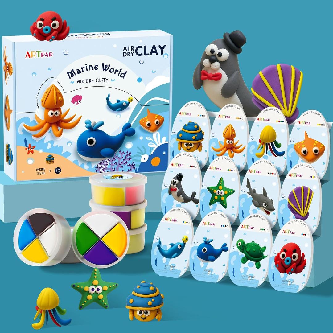 ARTPAR Air-Dry Clay Kit for Kids,12 Marine Animals Modeling Magic Clay Sculpting Tools Set,Non-Sticky, Ultra-Light,Creative DIY School Arts & Crafts Gifts for Boys & Girls Ages 3-12