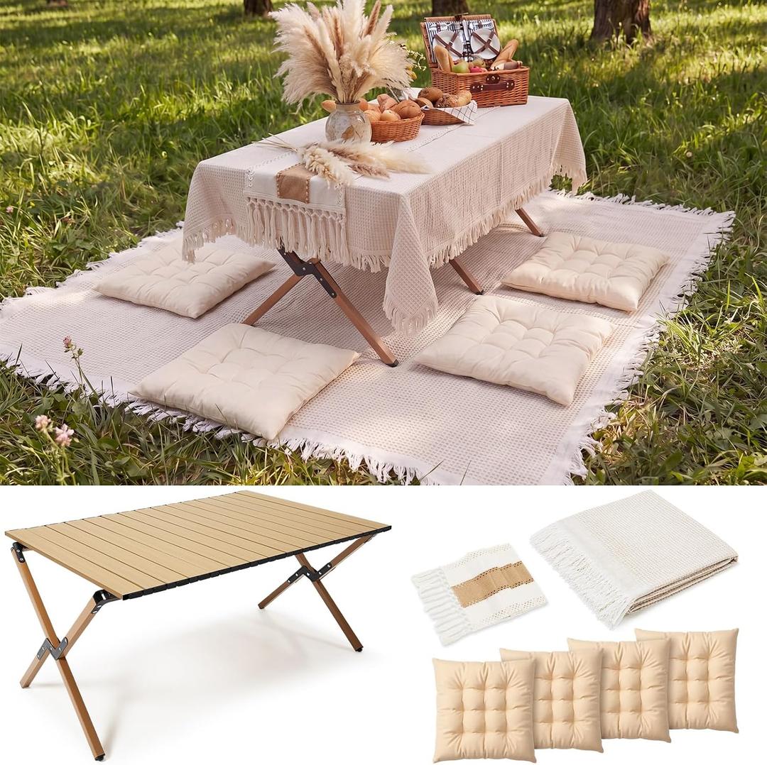 8 Pcs 34" x 23" Low Picnic Table Foldable Lightweight Picnic Table Set with 91'' x 71'' Large Outdoor Boho Camping Blanket Tablecover and Runner 4 Pillows Cushions for Camping Wedding Beach Party