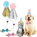 4 Pcs Cat Birthday Hat Bowtie Small Dog Hat Headband Topper Bowtie Adjustable Cute Puppy Birthday Costume Accessories for Small Medium Pets (2/Pink+Light Blue)