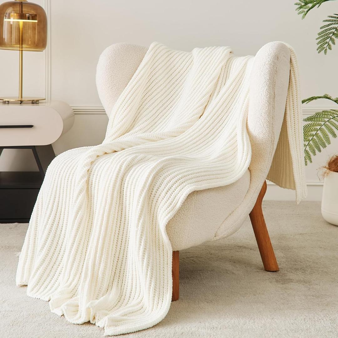 WESHIONGOO Throw Blanket for Couch Soft Knit Throw Blanket with Chenille Yarn Non-Shedding, Chenille Blanket for Living Room Bed Sofa (Cream White, 50"*60")