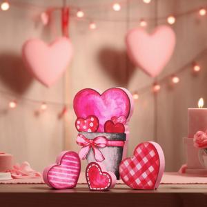 Yousoontic Valentine's Day Heart Wooden Table Decor Centerpieces Valentines Tabletop Heart Wood Block Sign Pot Red Pink for Valentine Wedding Anniversary Home Table Shelf Desk Mantel Party Decorations