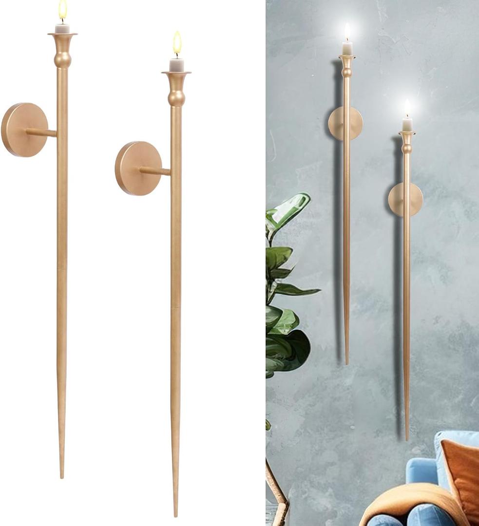 Candle Sconces Long Wall Candle Holder - 33" H Set of 2 Gold Long Wall Candle Sconce Retro Chic Wall Sconces Candle Holder Decoration for Dining Room, Living Room, Office, Bathroom