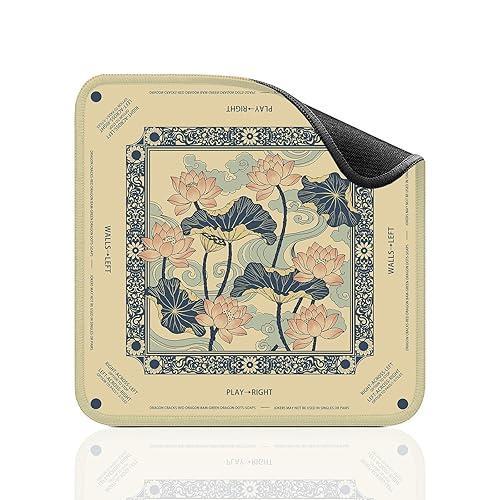 Vintage Lotus Mahjong Mat 32.4x32.4 Inch - Beige American Mahjong Table Mat With Traditional Chinese Lotus Cloud Artwork, Anti-Slip Rubber Waterproof Foldable Zen Decor Pad