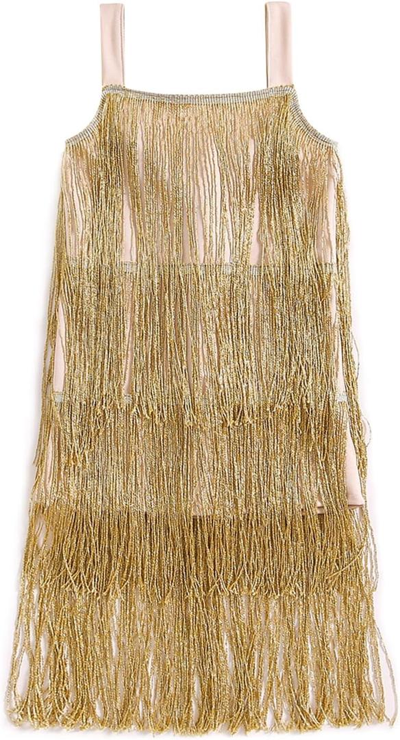 Qiylii Kid Girls Sequin Fringe Tassel Dress Sleeveless Dance Twirly Dresses Sparkly Latin Dress Concert Outfit Gift Children (8-9 Years, Gold)